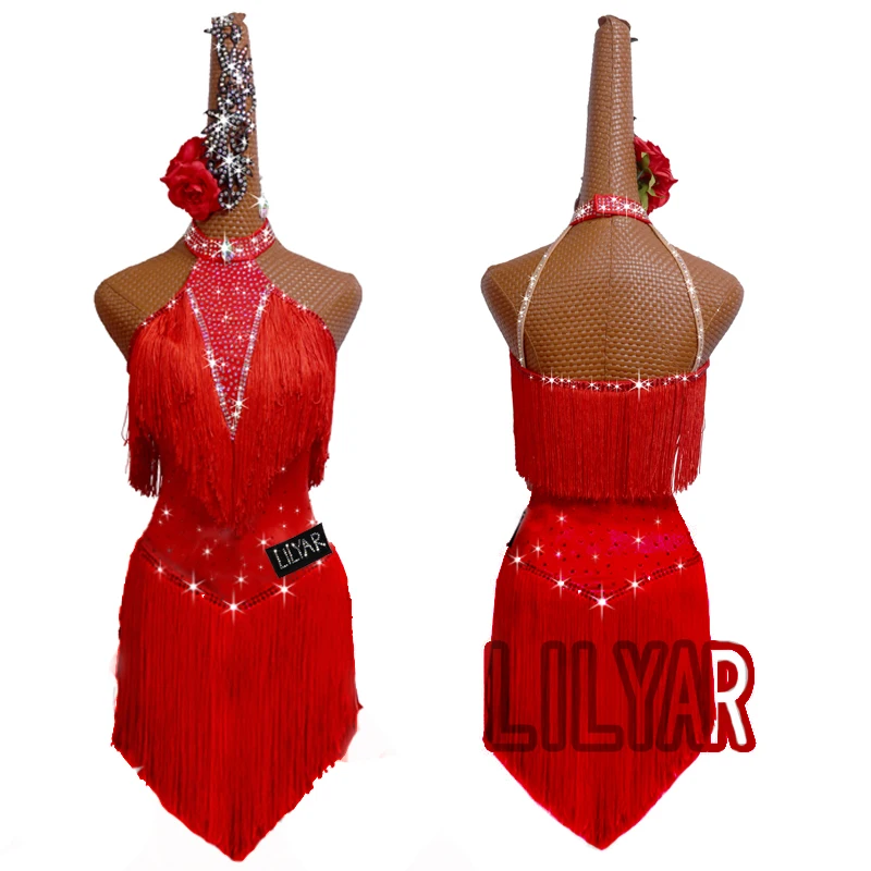 New Latin Dance Performance Competition Performance Dress Red Tassel Flash Drill Sleeveless Adult Children Dance Skirt