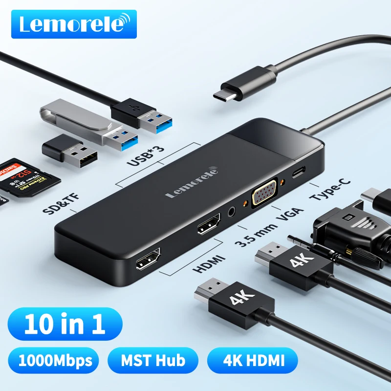 

Lemorele USB-C Hub 10Ports Docking Station USB Type C to Dual HDMI 4K 30Hz VGA USB 3.0 Adapter PD100W SD Card Reader for MacBook