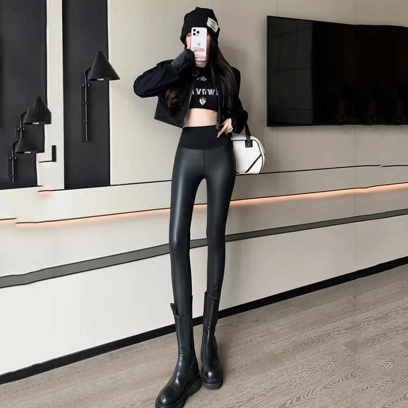 Pu Leather High Waist Straight Leather Pants Sexy Tight Hip Leggings Street Retro Beam Feet Zipper Motorcycle Trousers