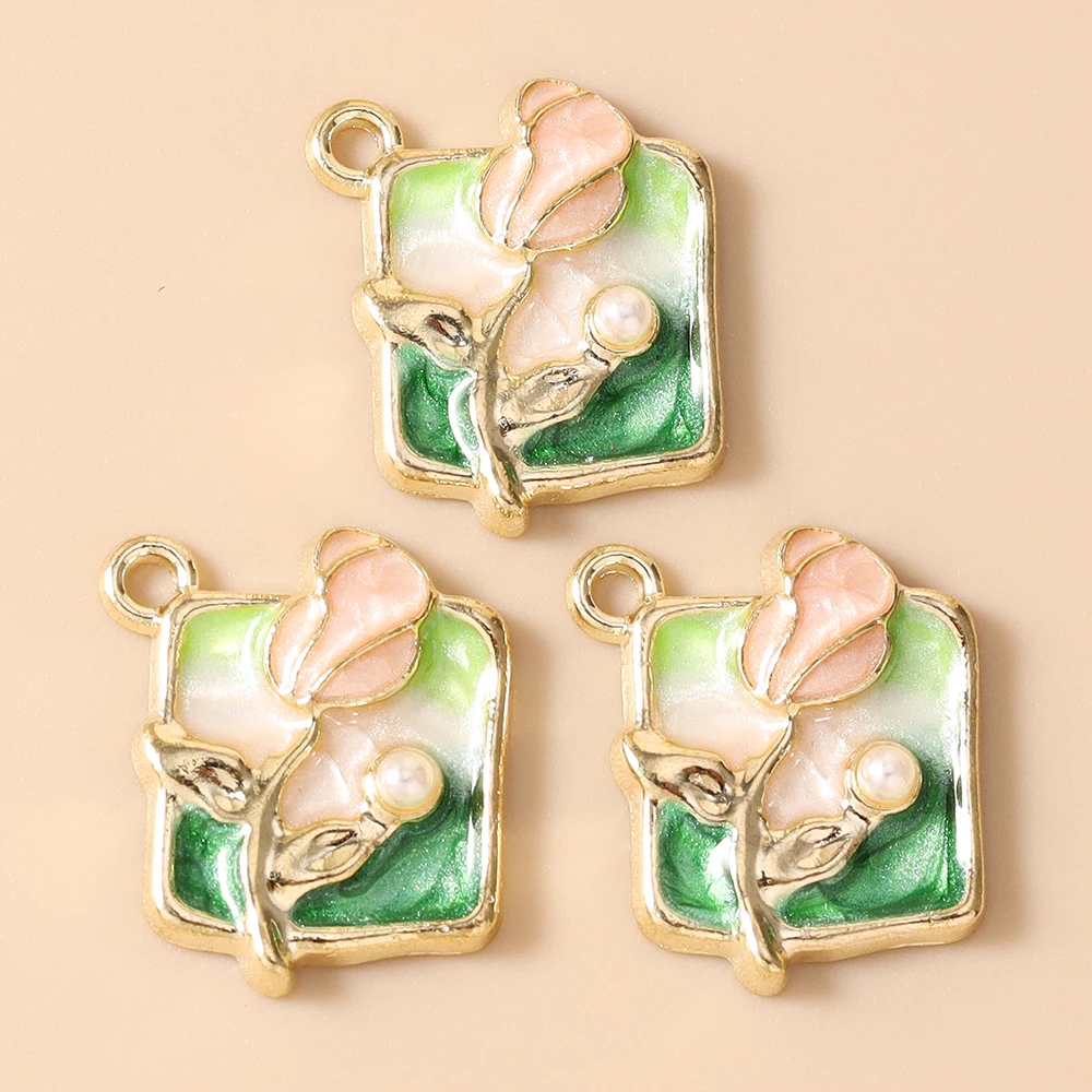 Leslie 10 Stück Retro Goldfarbene Ölgemälde-Perlenblumen-Anhänger für DIY Ohrringe, Halsketten, Handgemachter Schmuckherstellung – Detail 23