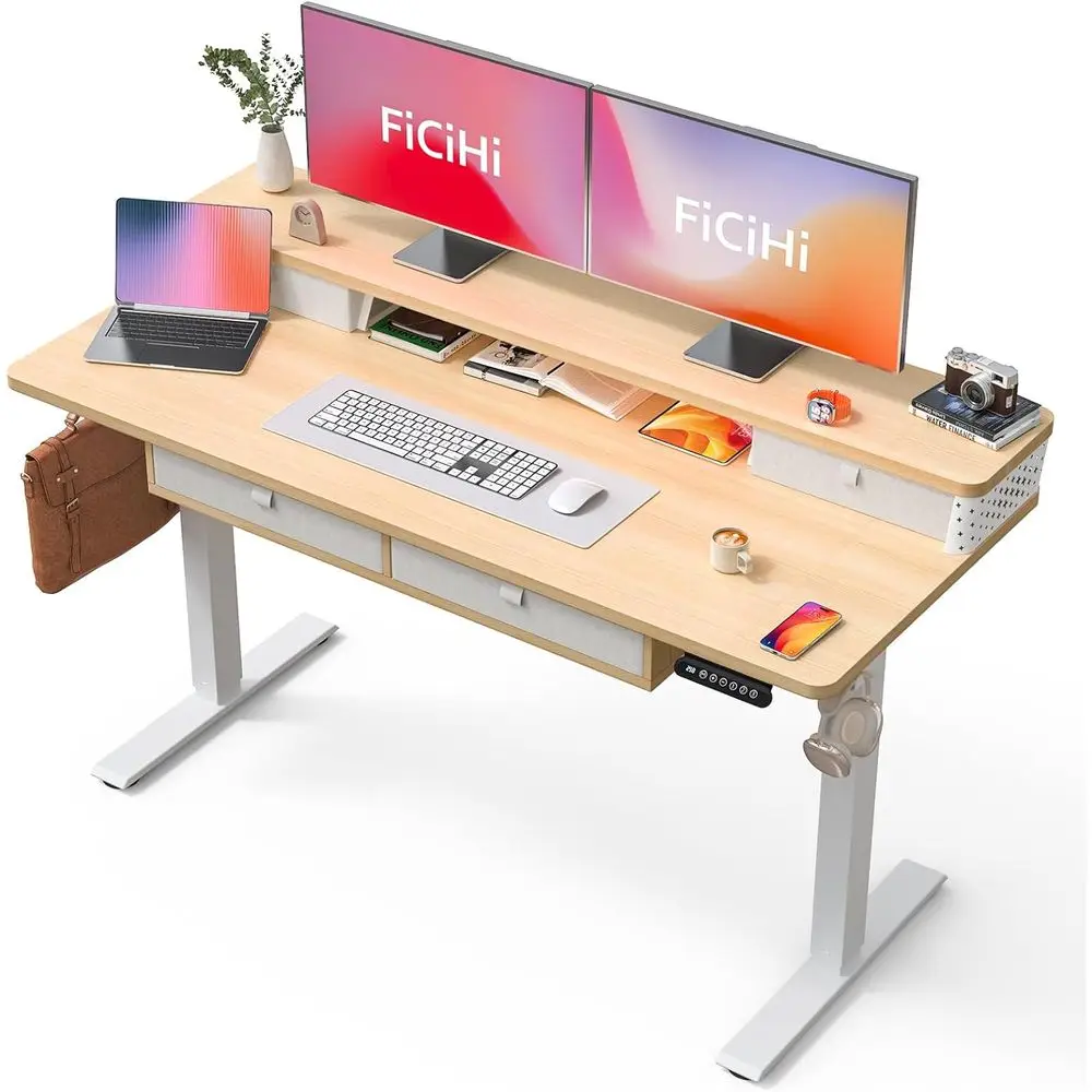 

Adjustable Height Electric Standing Desk, 55x24 Maple Desk with Storage Shelf and Monitor Riser