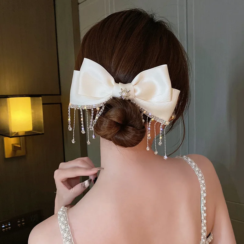 South Korea Crystal Tassel Hair Bow Hairpins Spring Clips Women Boutique Pin Hair Accessories Headdress Wholesale Price Bow-knot