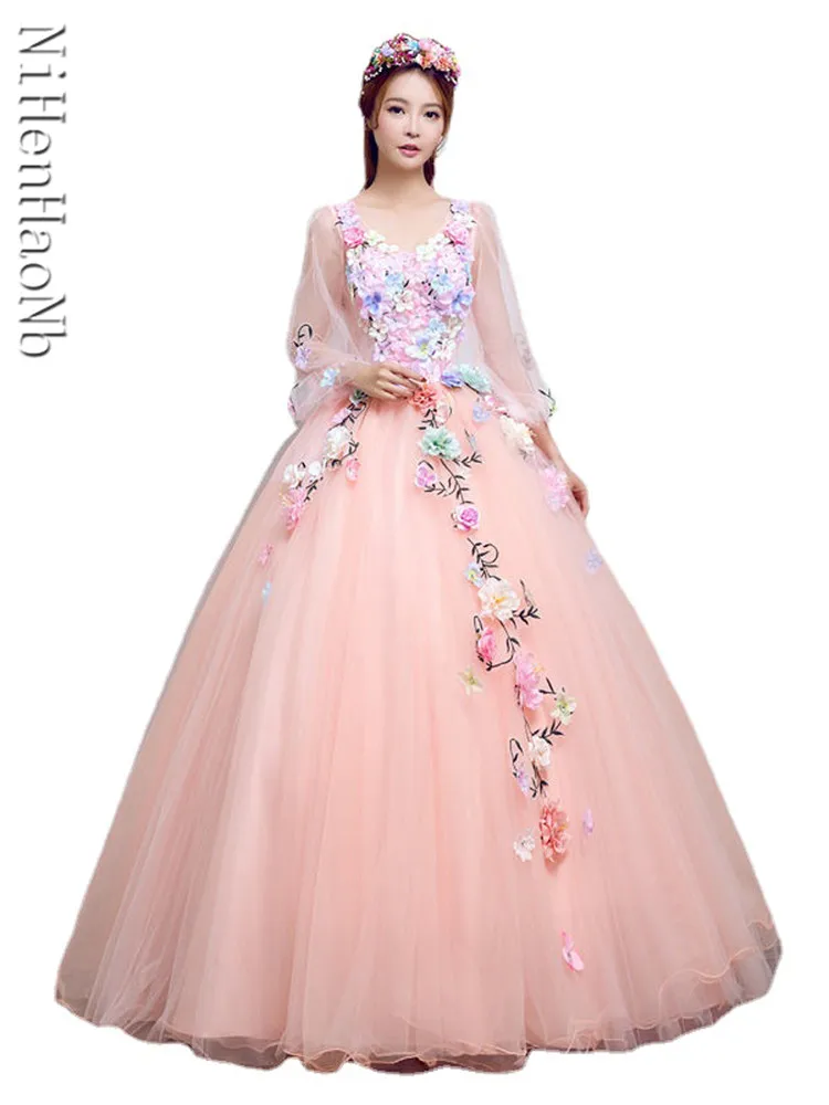 

Платья Quinceanera с длинными рукавами и милыми цветами, бальное платье, элегантное красочное платье для выпускного вечера, вечерние вечерние платья