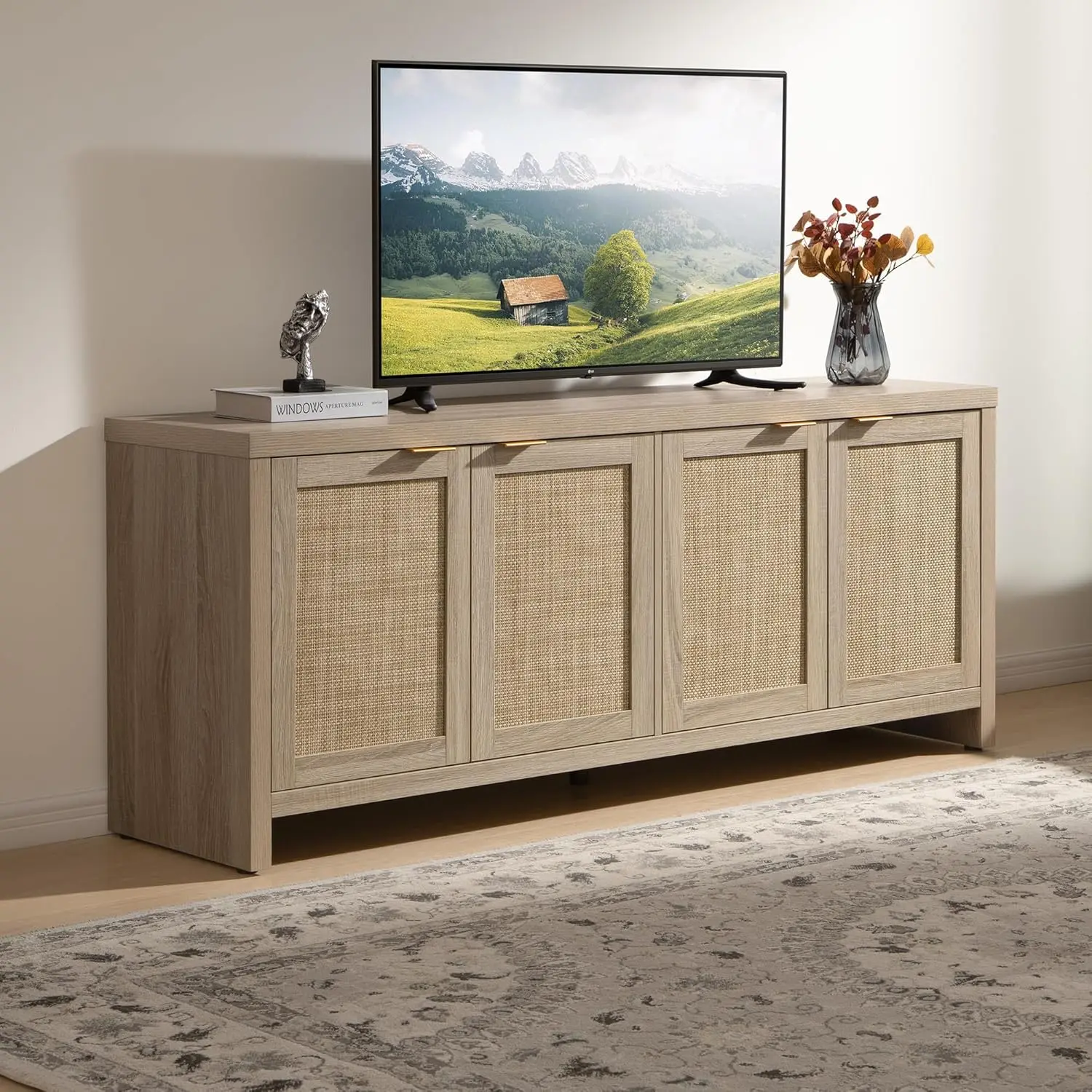 

TV Stand for Living Room Boho Entertainment Center for Bedroom with 4 Rattan Cabinets Farmhouse Television Stands with Storage