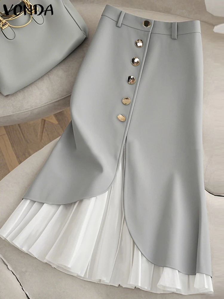 VONDA Elegant Women Skirts Lady Work Party Overskirts 2025 Female Patchwork Buttons Casual Pleated A-Line Bottoms Oversized