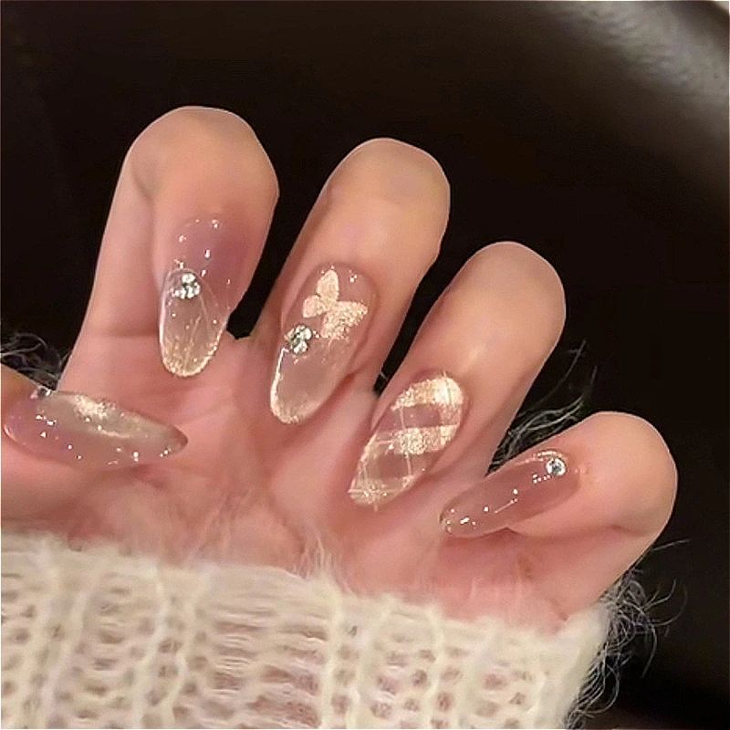 

24Pcs Pink Cat Eye with Gentle Bowknot French Fake Nails Aurora Diamonds Fantasy Long Stiletto False Nails Wearable Gel Nail Tip