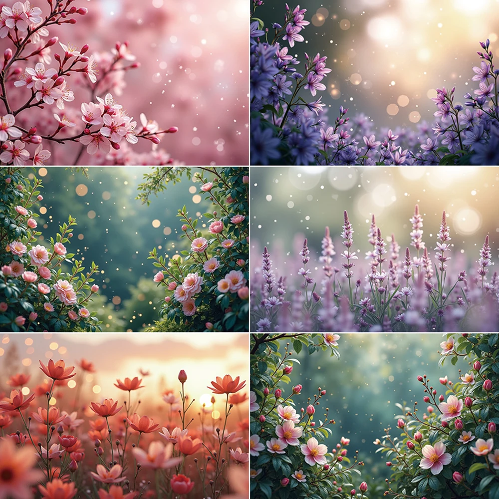 

MOON.QG Spring Photography Backdrop Pink Flower Blossom Green Grass Garden Background Fairy Forest Studio Photocall Accessories