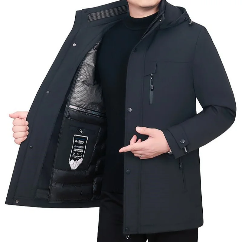 Men's Detachable Liner & Hat Puffer Coats Business Casual Hooded White Duck Down Jackets Winter Outwear Windproof Top Parka