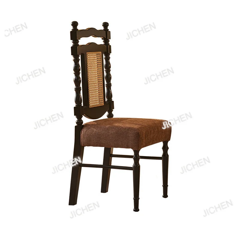

French light luxury soft bag dining chair home simple restaurant solid wood back chair hotel restaurant retro rattan rattan chai