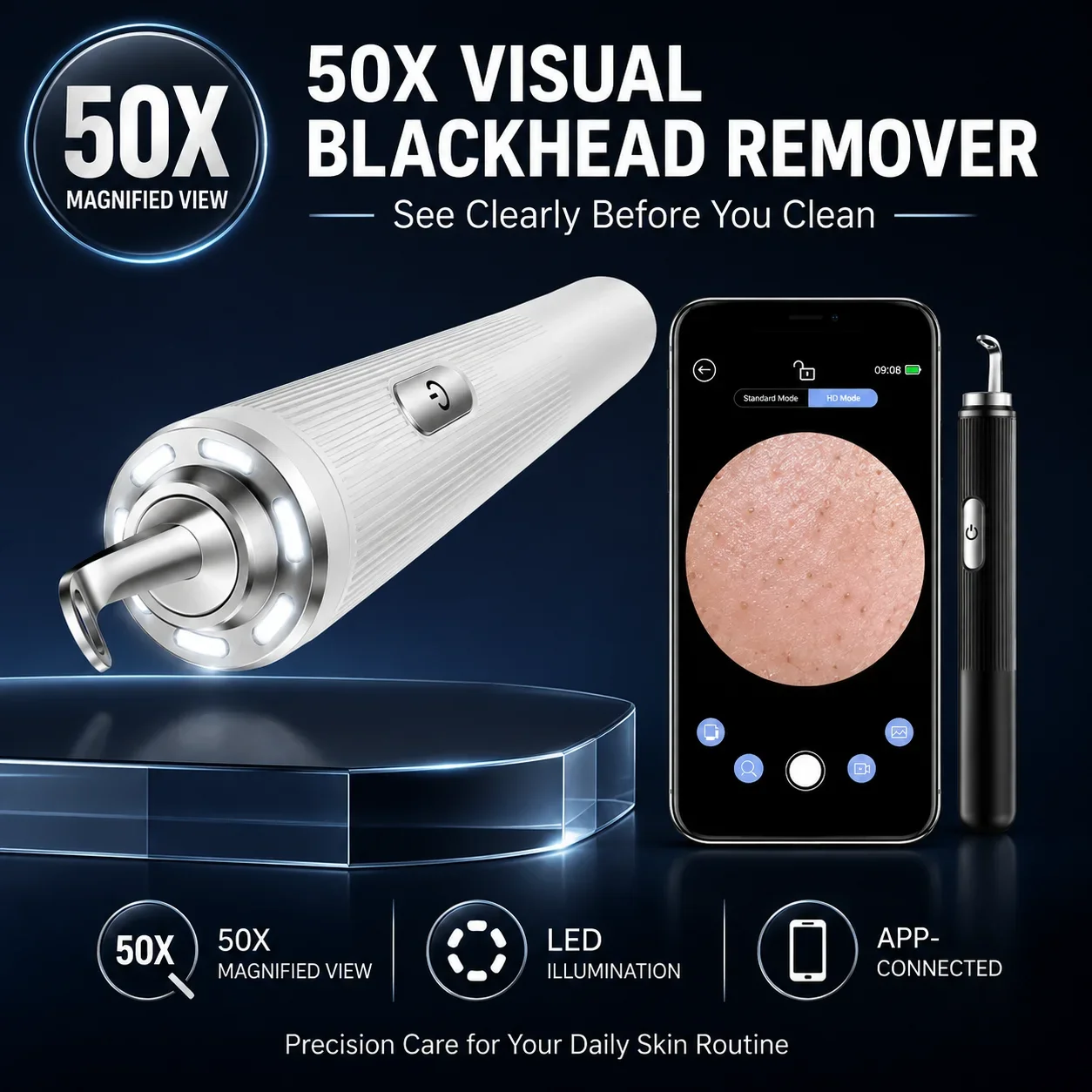 WiFi Visual Blackhead Remover Pen 50X Magnification Skin Camera with LED Light Pore Cleaning Beauty Tool for Facial Skin Care