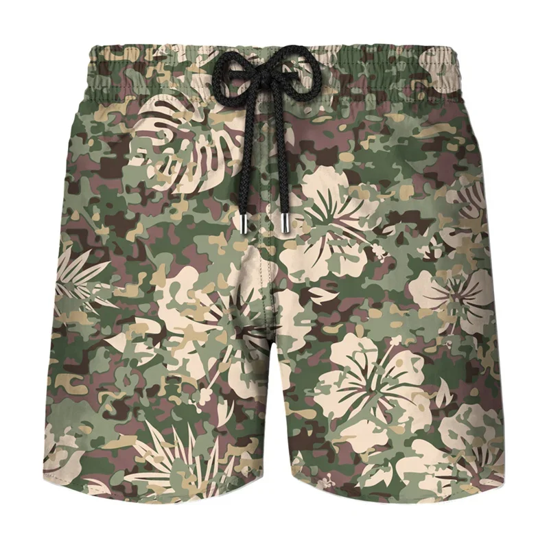 Men Polyester 3D Printed Camo Pattern Beach Shorts Drawstring Waist Pockets Quick Dry Casual Swim Shorts