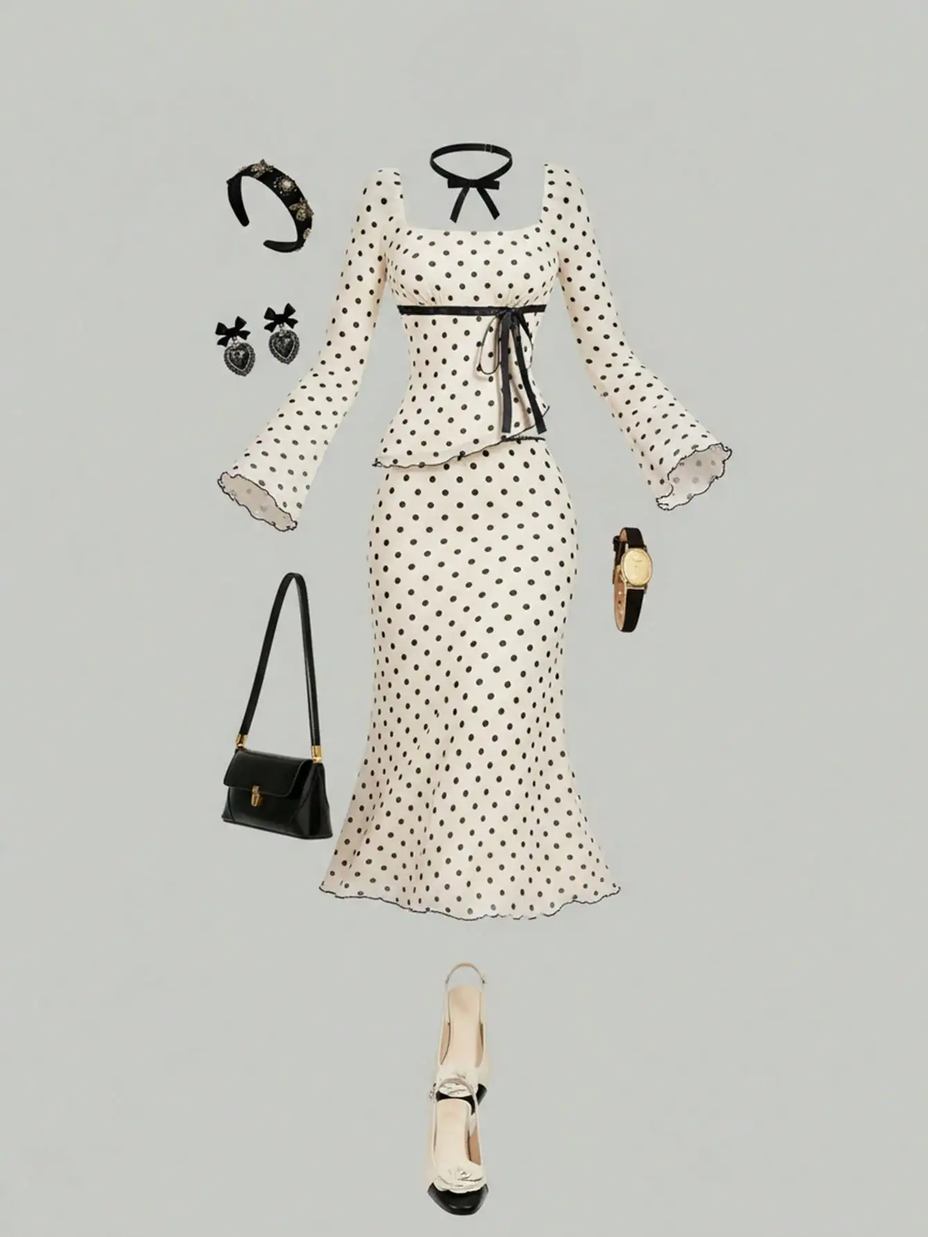 

Комплект из двух предметов в горошек для женщин: топ с длинным рукавом и юбка миди, элегантный французский стиль для вечеринок или повседневной носки