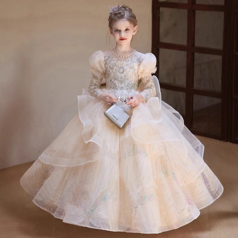 Girls' Formal Dress - High-end Princess Gown Wedding Flower Girl Wedding Dress - Young Hostess White Piano Performance Outfit