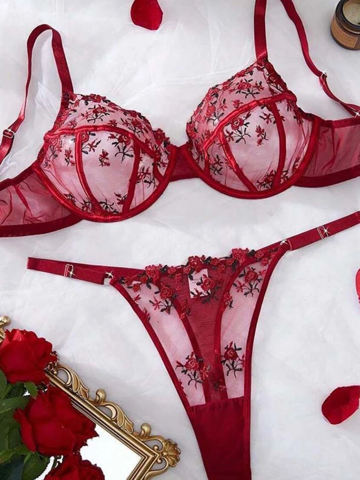 SsTss Sexy 2-delige bh-sets Dames Ultradunne doorzichtige mesh-lingerieset Mooie bloemenborduurwerk Transparant ondergoed