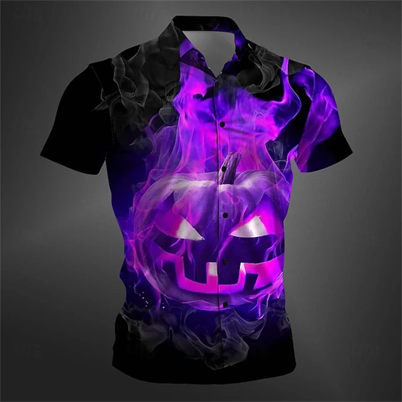 2024 New Men's Devil Pumpkin Head Printed Short Sleeve Shirt Large Size Breathable Shirt Halloween Element Button T Shirt