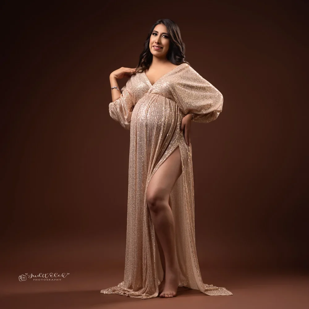 Maternity Dress Photography Props Pregnant Women Party Dress V-neck Champagne Photoshoot Photography Dress For Women Sequin