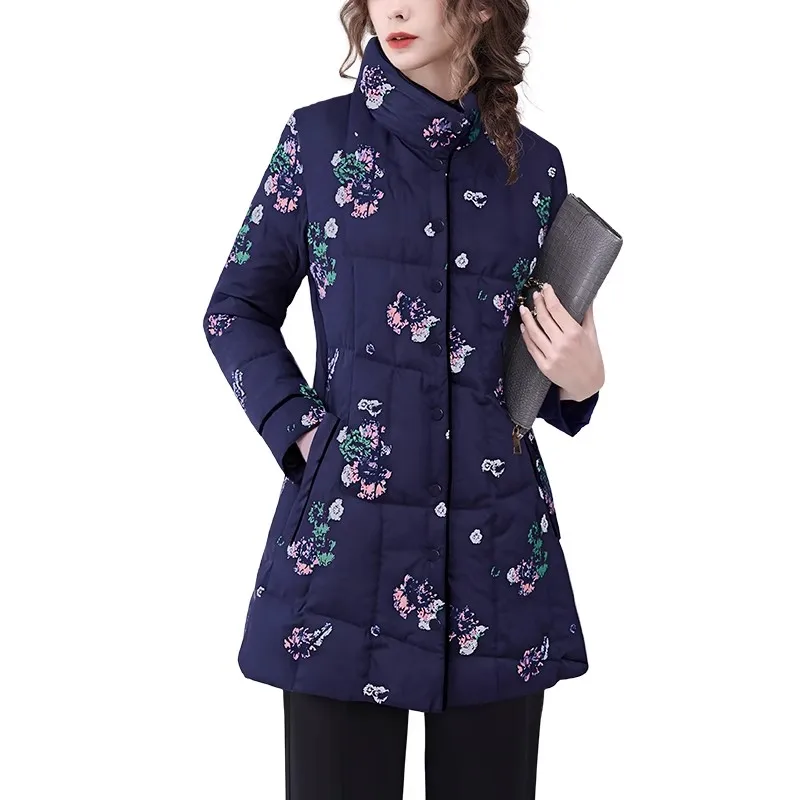 أزياء الأزهار المطبوعة عالية الرقبة تطول المرأة بطة أسفل سترة دافئة خفيفة الوزن الشتاء سترات مبطنة يندبروف #5