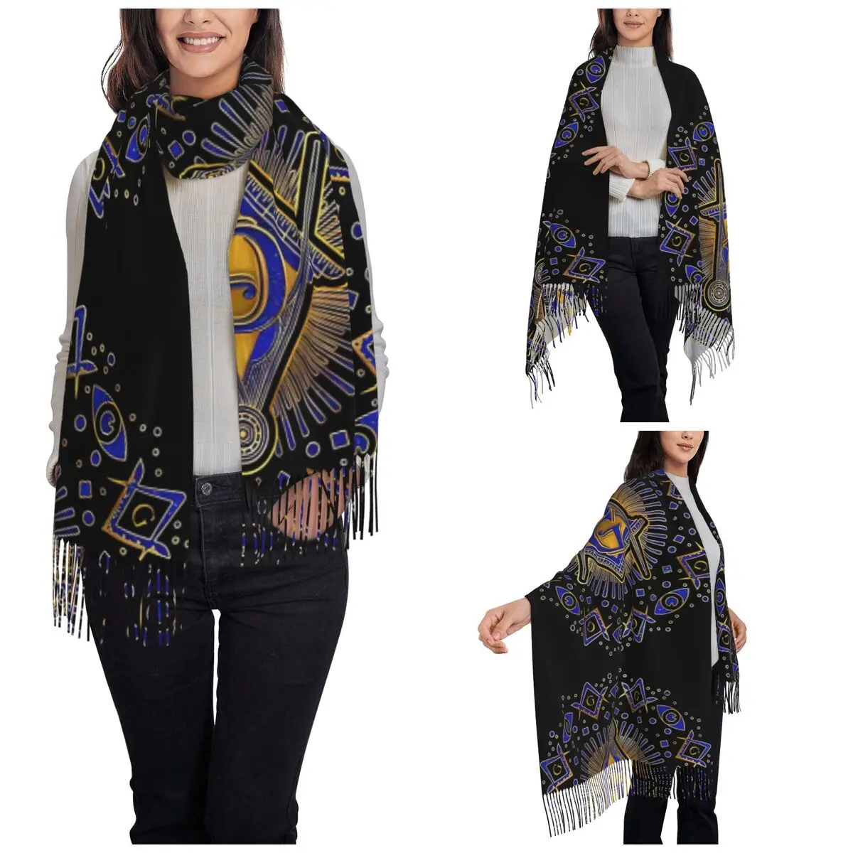 Freemasonry Symbol Square Compasses Shawl Wraps for Ladies Winter Warm Large Soft Scarf Pashminas Tassel Scarves