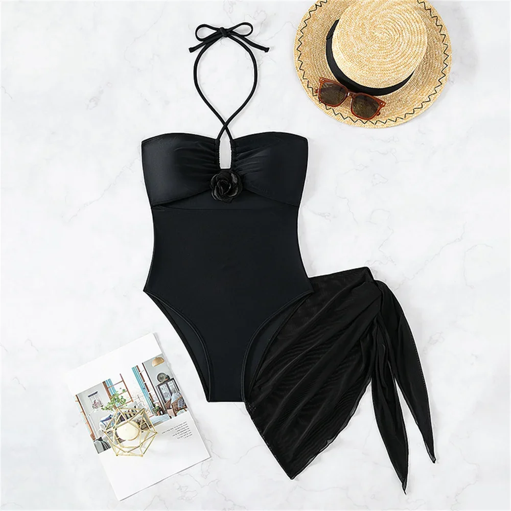 

Sexy Black Flower Bikini Halter String Swimsuit Hollow Out Backless 3D Floral Vacation Swimwear Mesh Cover Up Women Beach Outfit
