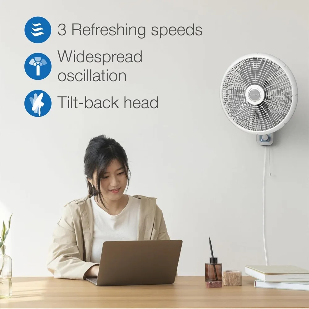 16" 3-Speed Oscillating Wall Mount Fan for Indoor Use, Light Grey