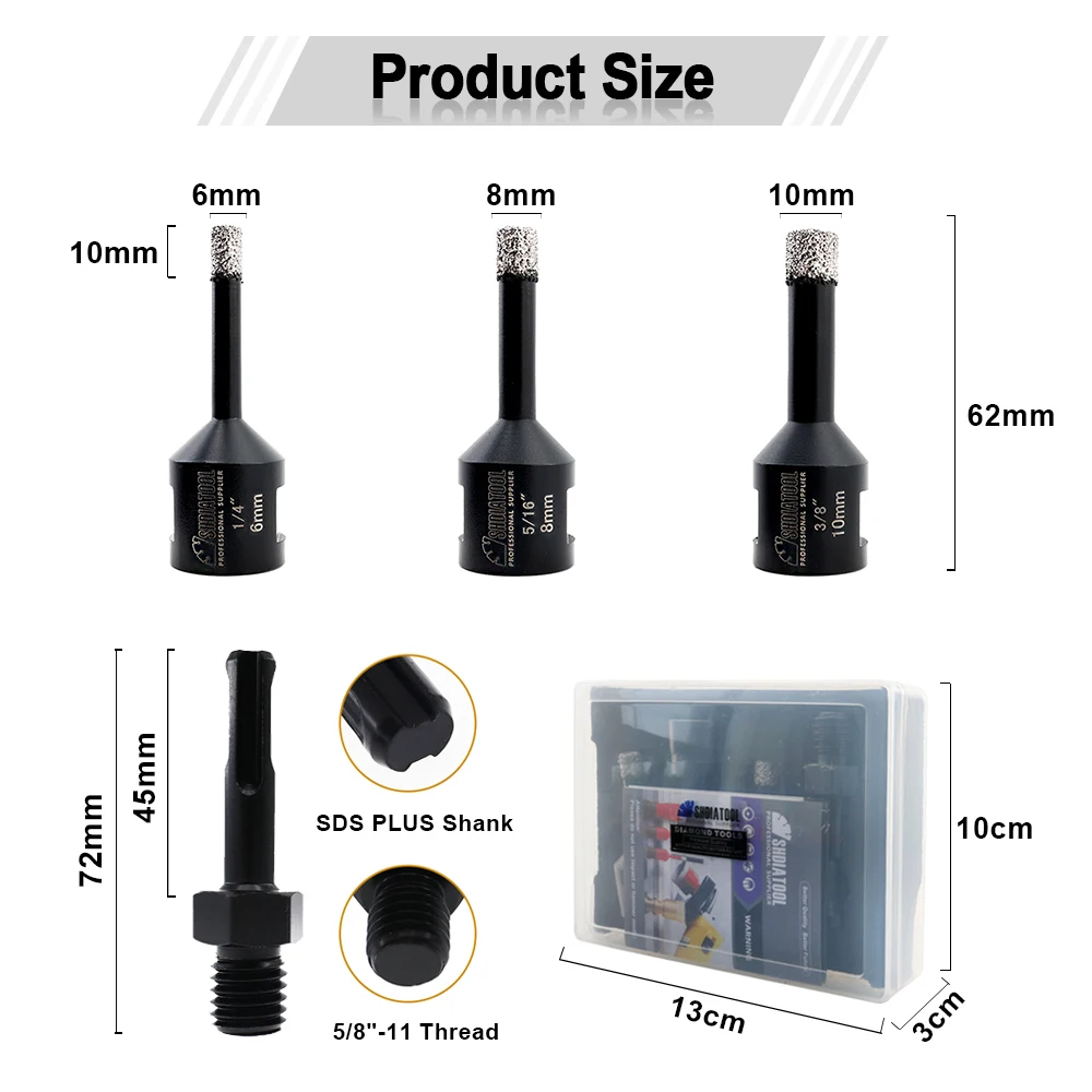 SHDIATOOL Diamond Dry Drilling Bit 4pcs/Kit Dia 6/8/10mm Core Bit Adapter Porcelain Granite Vaccum Brazed Hole Saw Opener 5/8-11