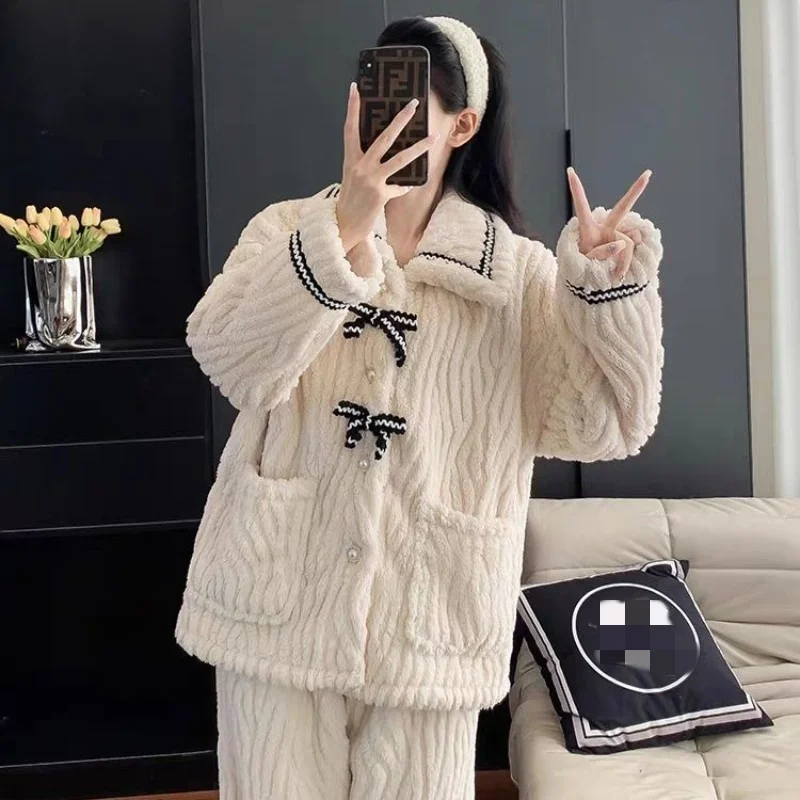 Winter Flannel Pajama Set for Women Warm Sleepwear Long Sleeve Pajamas Princess Style Nightwear Suit Casual Thick Home Clothes