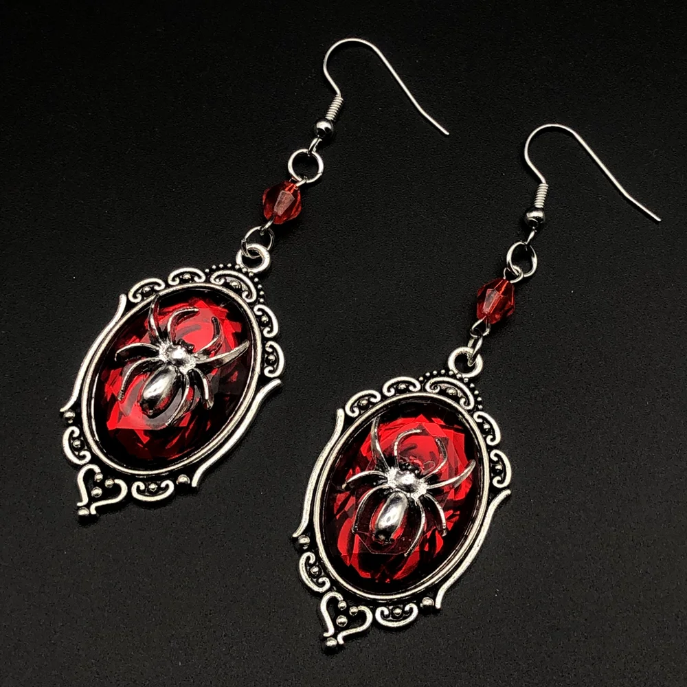 Gothic Dangle Spider Cameo Earrings,Small Spider Earrings,Witches,Gothic Victorian Silver Plated Framed Spider Cameo Earrings