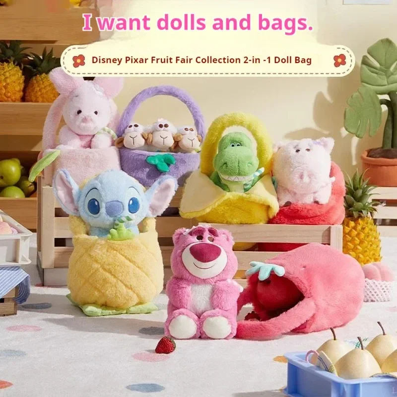 Animation Cartoon Disney Pixar Fruit Market Series 2-in-1 Doll Bag Strawberry Bear Hug Dragon Plush Handbag Kawaii Birthday Gift