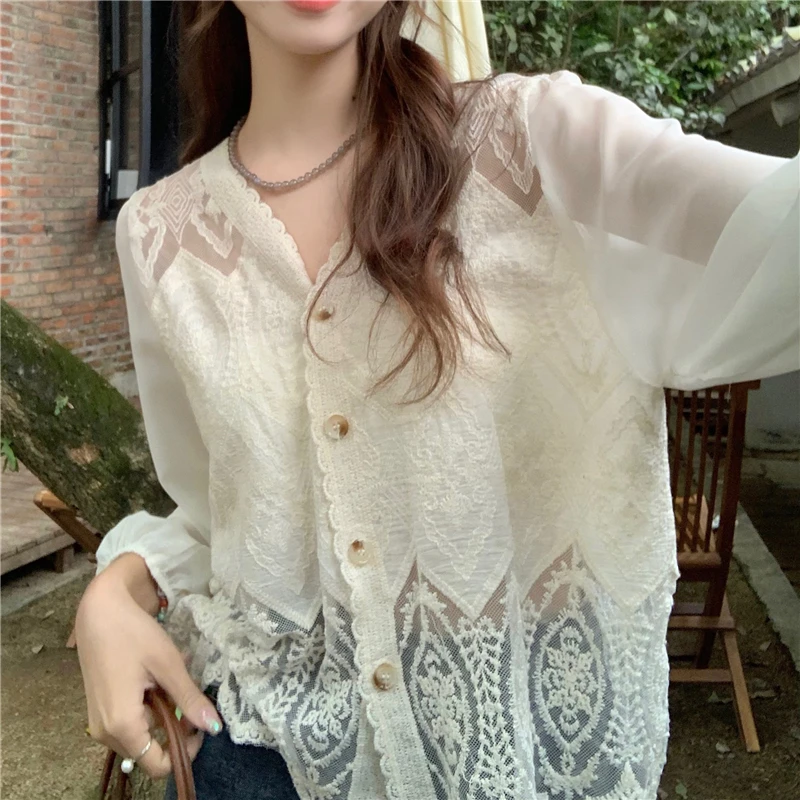 REALEFT 2024 New Lace Crochet Women\'s Blouses Spring Summer Patchwork Korean V-Neck Long Sleeve Single Breated Shirts Female