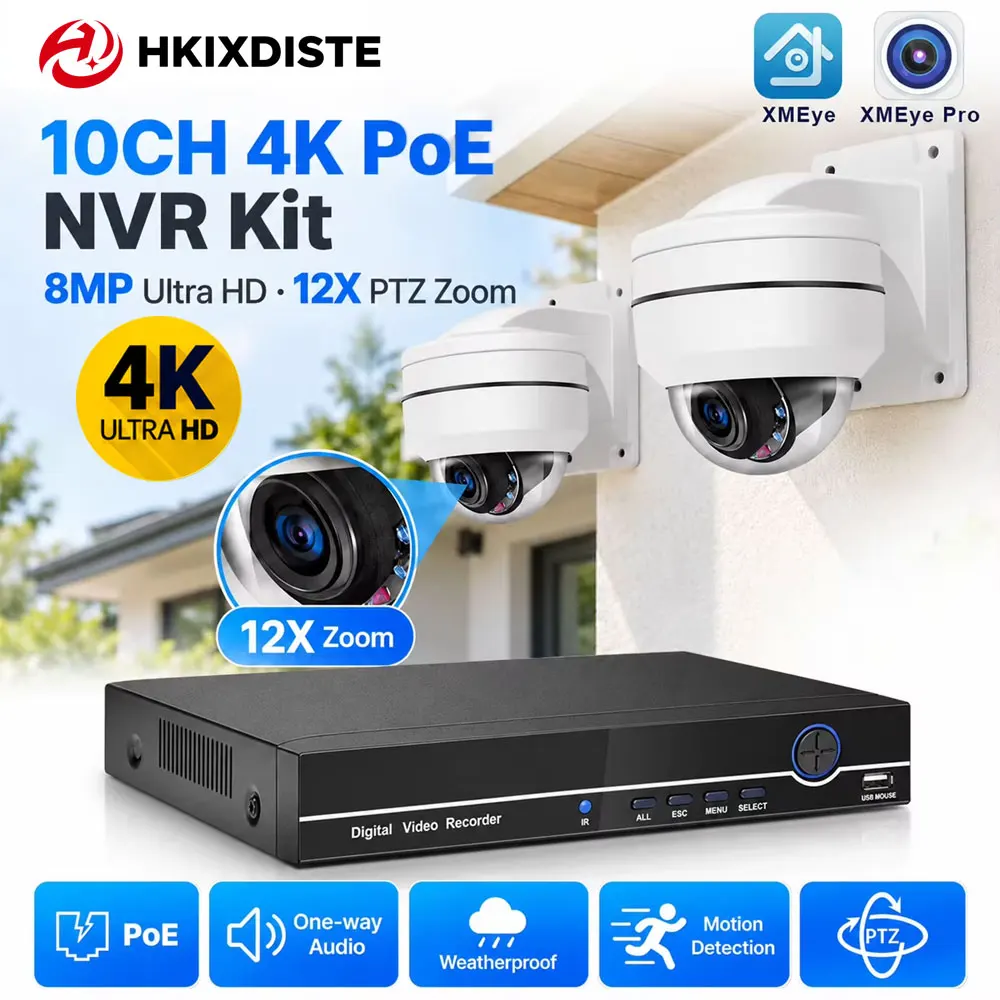 PoE Security Camera System 10CH 4K NVR with 2 8MP Dome Cameras 12X PTZ Zoom One Way Audio Motion Detection XMEye Pro for Outdoor