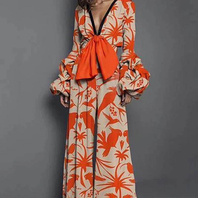 Mono elegante con mangas abullonadas para mujer, pelele Sexy con escote en V profundo y lazo, mono holgado con estampado de moda para ir al trabajo,