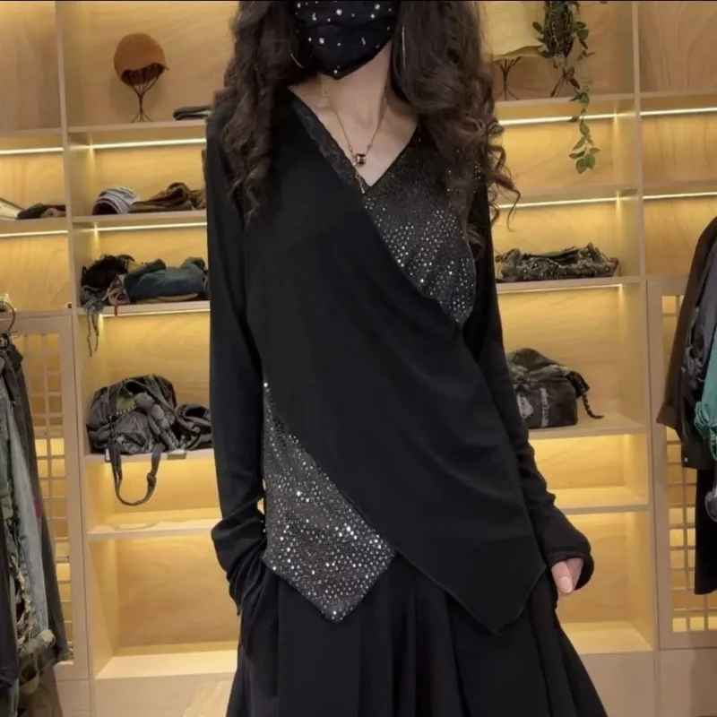 Ropa de mujer Vintage retales de lentejuelas diseño asimétrico camiseta elegante mujer Y2K moda Casual cuello en V manga larga Tops sueltos