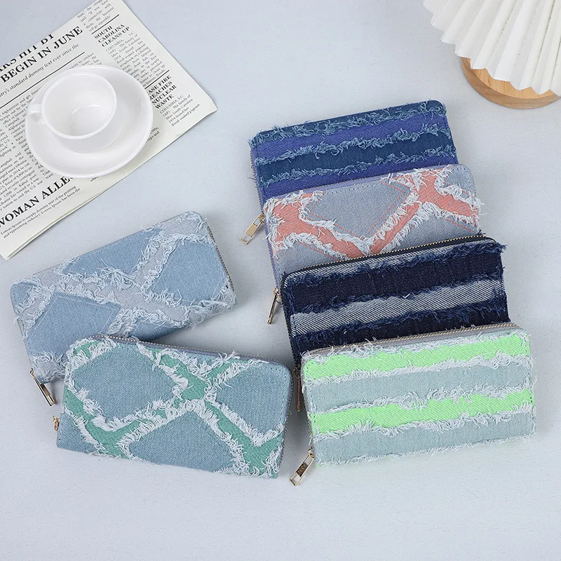 New Retro Patchwork Denim Wallet with A Single Handle Women\'s Long Wallet Card Holder for Women Girls Korean Style Wallet