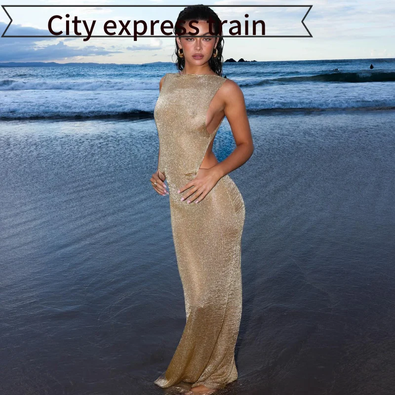 

Sexy Knitted Bal Strapl Slim Fit Dr mid Waist Hollow out Summer Faion Women's Gown High Elastici No Sve