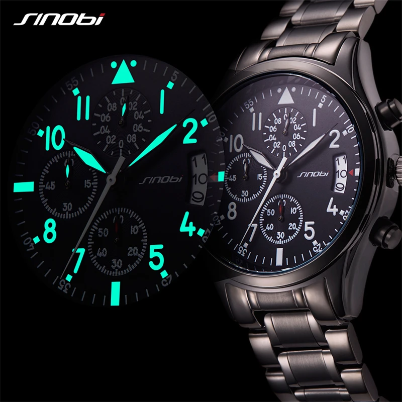 SINOBI Luxury Men Waterproof Stainless Steel Pilot Wrist Watches Chronograph Date Sport Diver Luminous Quartz Watch Montre Homme