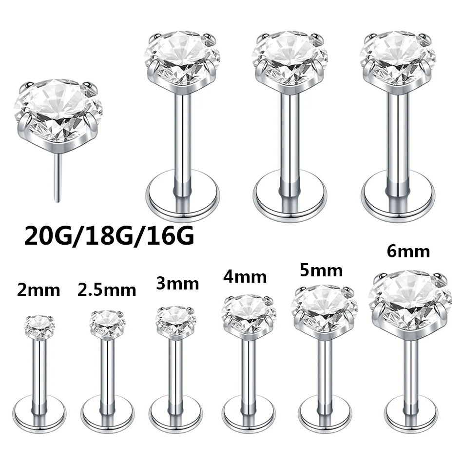 1/5pcs Stainless Steel Threadless Push-in Labret Piercing 2/2.5/3/4/5/6mm Zircon Stud Earring Cartilage Piercing Body Jewelry