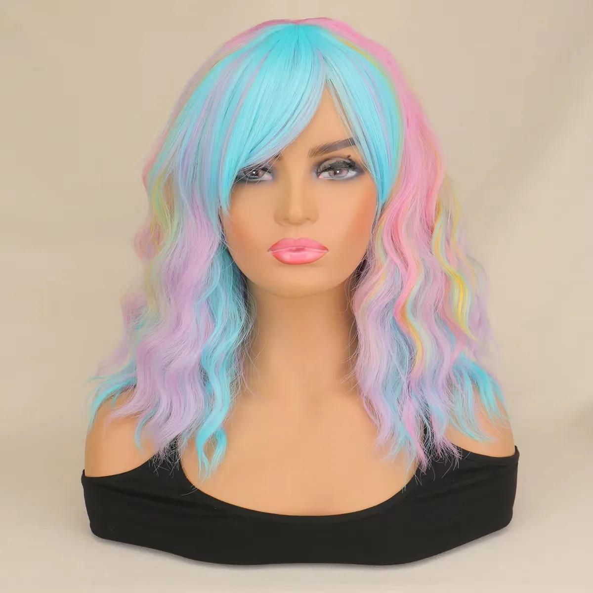 WHIMSICAL W Women's Short Water Wavy Wig with Bangs Girls Synthetic Hair Cosplay Wig Rainbow Multi Color Party Cosplay Wigs