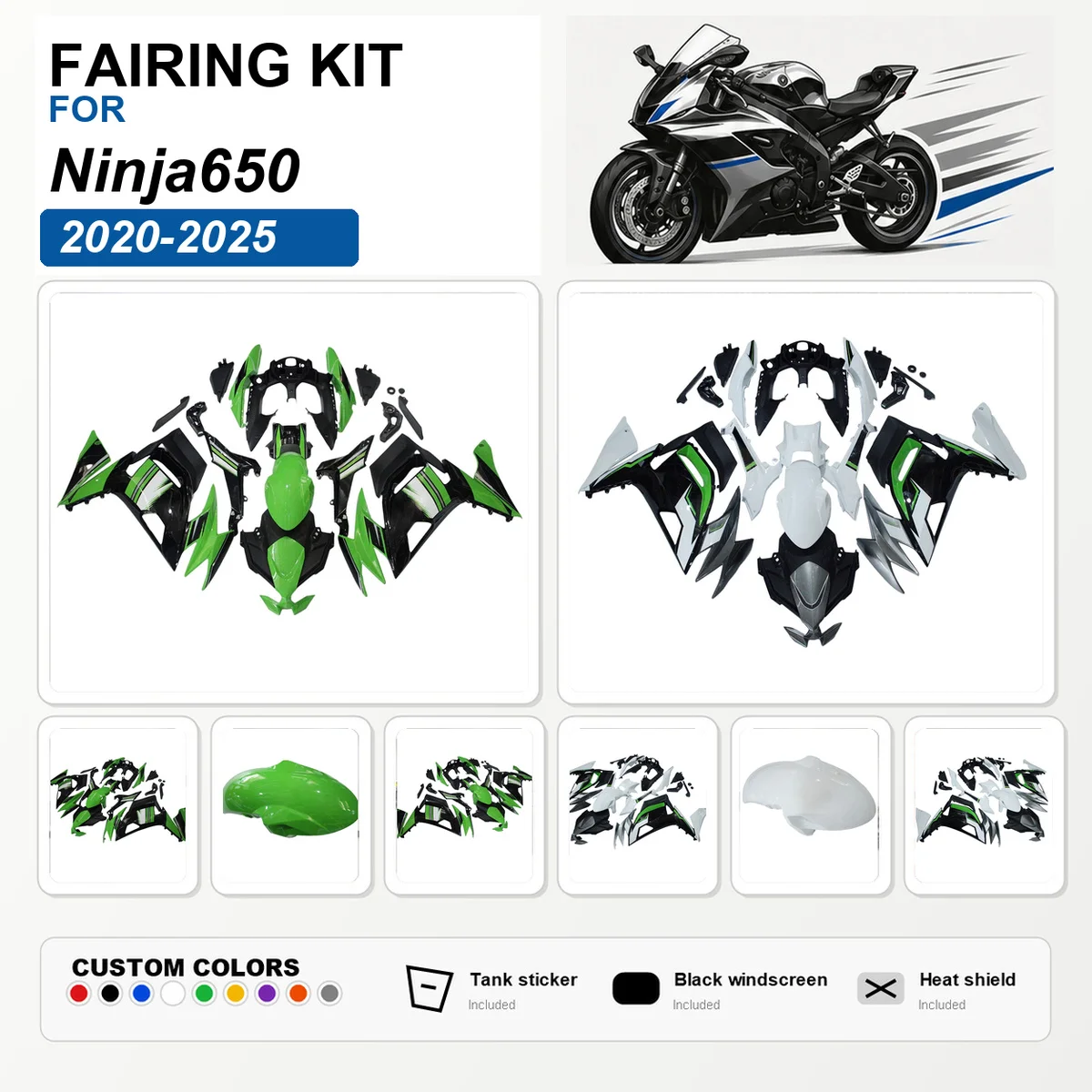 For Ninja650 2020-2025 Motorbike Fairing Kit ABS Plastic Custom Painted Fairings Bodywork Cowl Panels White Black Green