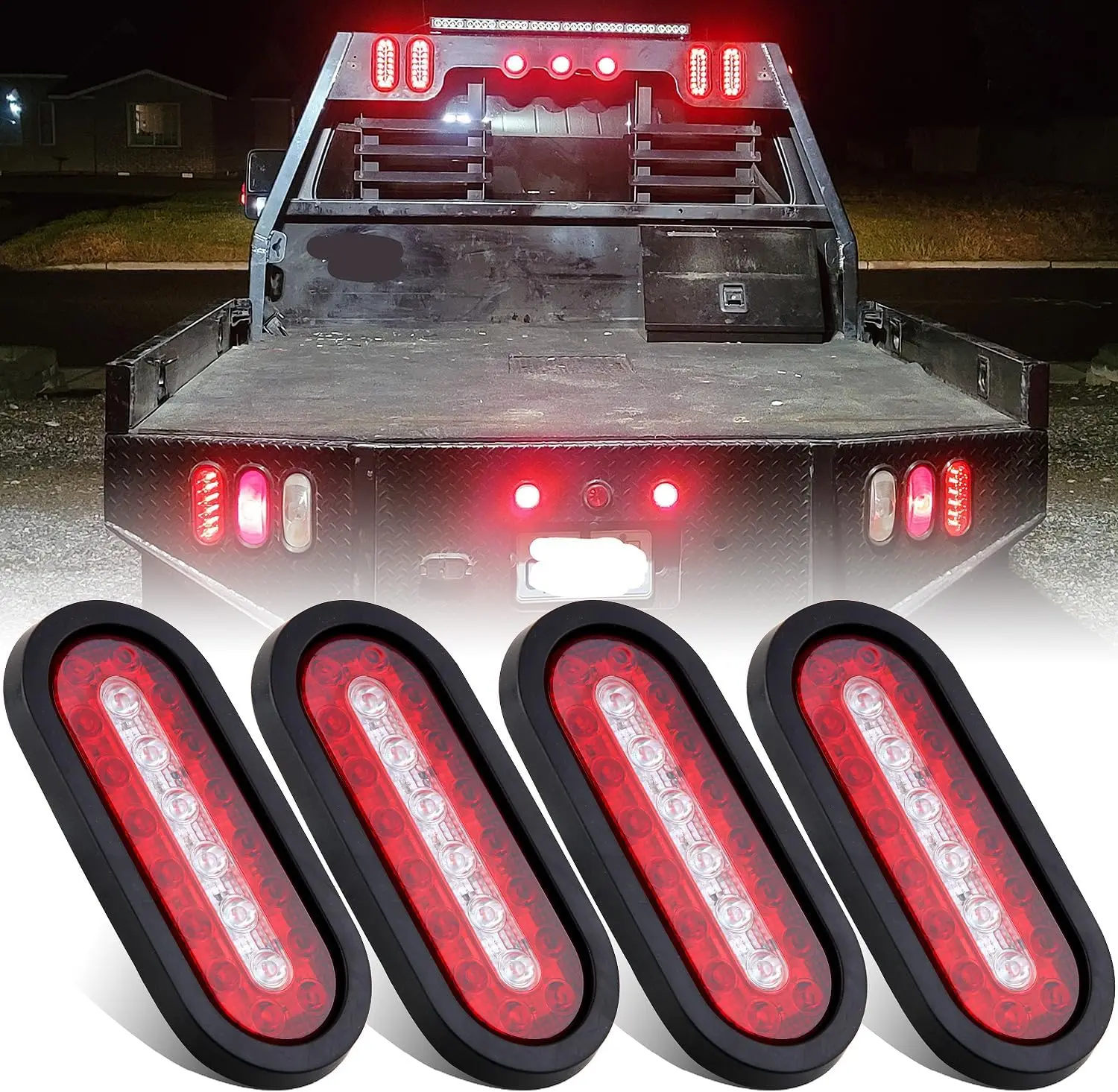 

4Pcs 6Inch Oval LED Trailer Tail Lights with Backup, Red Stop Turn & White Reverse Lights, 22LED, Rubber Grommets, 3-Prong Wire