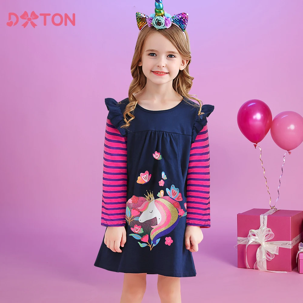 

DXTON Baby Girls Dress Autumn Children Long Sleeve Dress Striped Unicorn Butterfly Kids Cotton Dress Pocket Girls Casual Costume