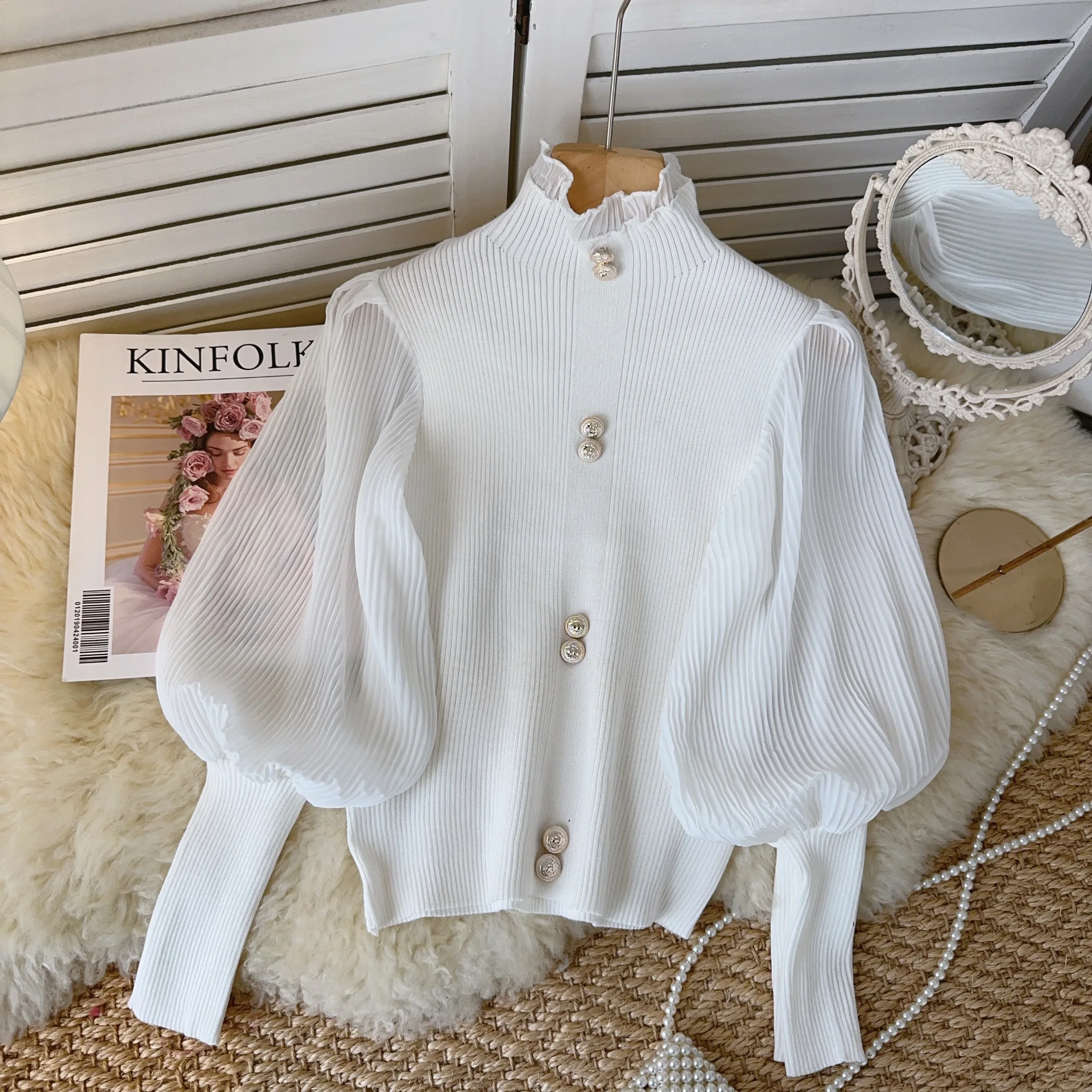 Chic Knit Hotsweet Long Lantern Sleeve Casual Basics Button High Street Slim Spliced Office Lady Vintage Autumn Winter Top