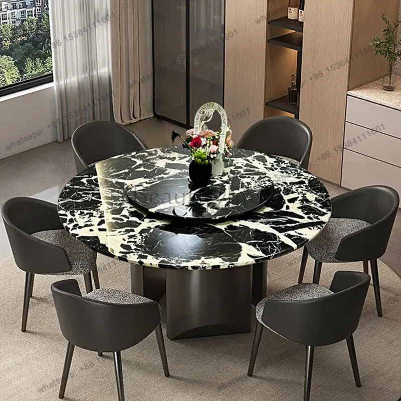 

Natural black luxury stone dining table Villa household marble round dining table with turntable