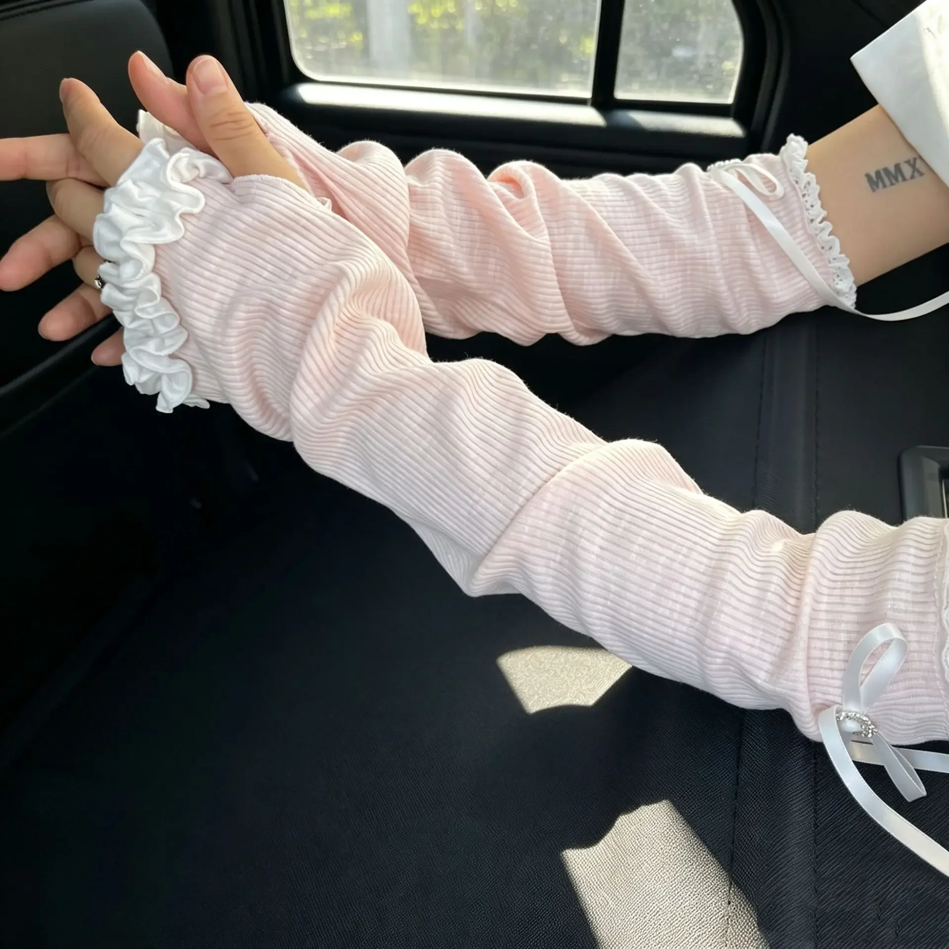 Spring Summer Ballet Style Ruched Sleeve Cover with Bow Tie and Ruffle Cuff for Women