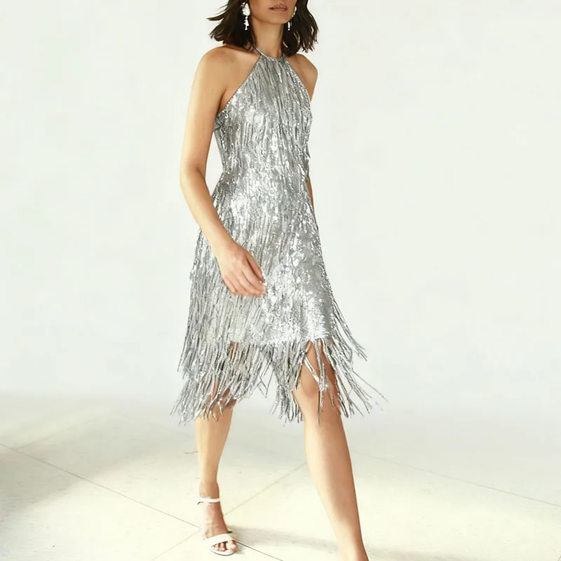 Glänzendes, schmales Partykleid mit Pailletten und Quasten, lässig, schulterfrei, hohl, Cocktailkleider, sexy Damen-Neckholder, ärmellos, solides langes Kleid