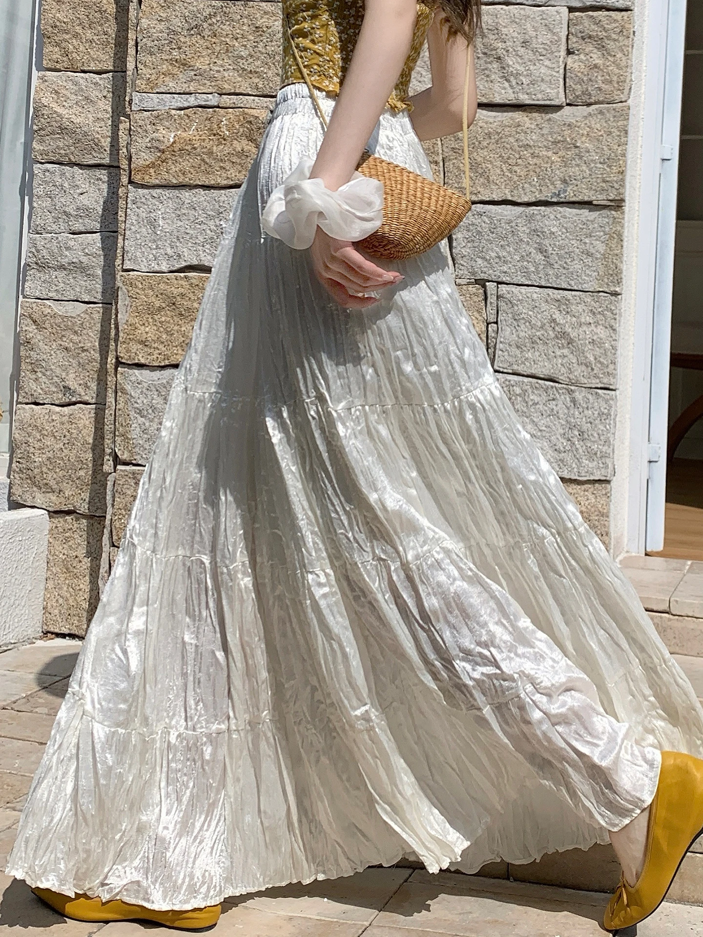 

Chiffon A-Line Skirt Women's Summer New Style Drapey Fairy Tale Half-length Pleated Cake Long Skirt Light Beige Shiny Satin Face