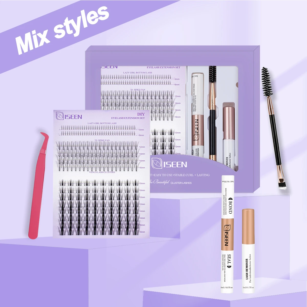 مجموعة أدوات تمديد الرموش DIY مع ربط الرموش والختم وملاقط الرموش وفرشاة ومزيل غراء الرموش