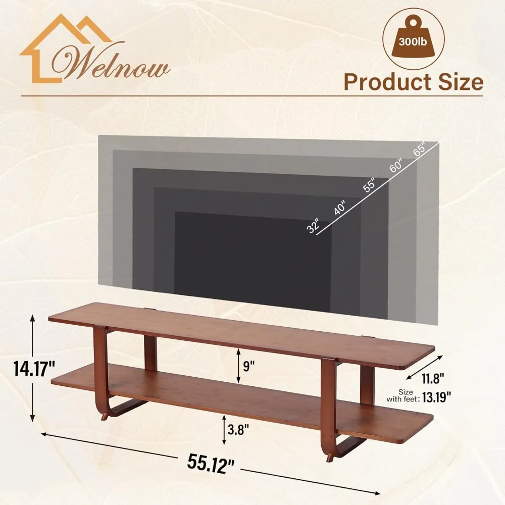 TV Stand for Up to 65 Inch, Mid Century Modern Entertainment Center with 2-Tier Open Shelves, Storage Media