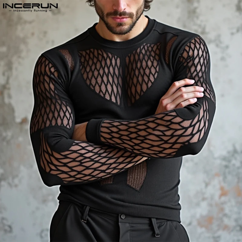 

INCERUN Tops 2024 American Style Fashion New Men O-neck Splicing T-shirt Sexy Casual Perspective Mesh Thin Long Sleeved Camiseta