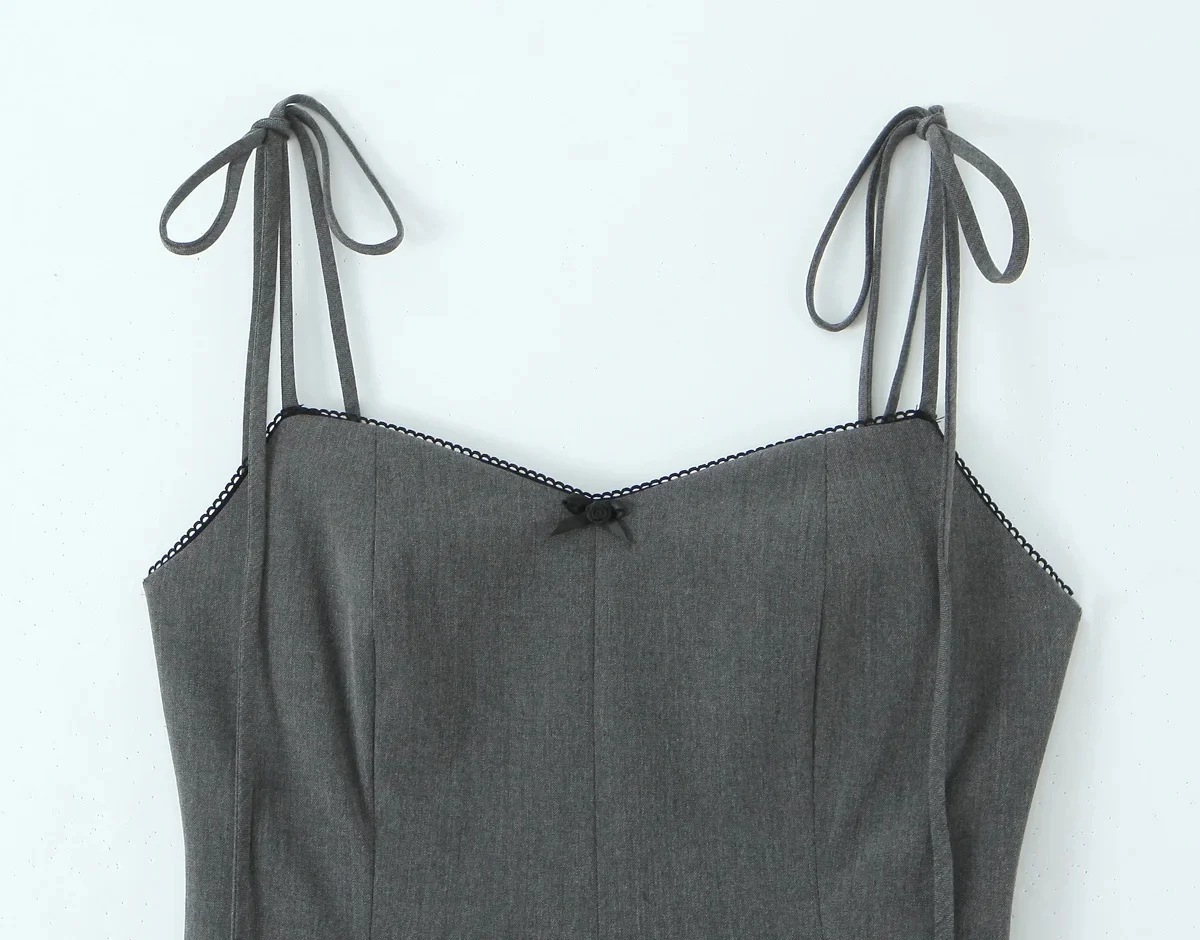 KONDALA Autunno Dolce Grigio Mini Abito da Donna Impiombato Breve Pizzo Papillon Cami Dress 2025 Estate Nuova Moda Vacanza Data Mujer Dres