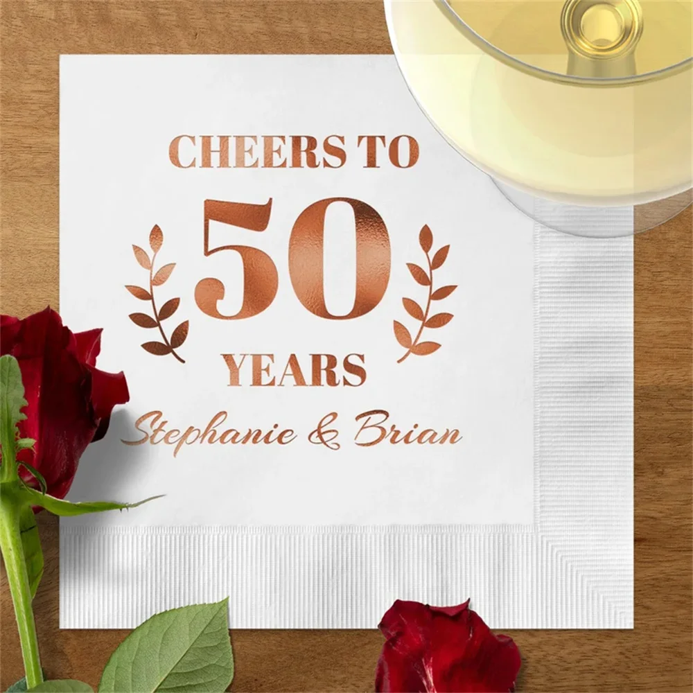 

50pcs Personalized Cheers to 50 Years Foil Cocktail Napkins, Birthday Napkins, Custom Birthday Napkins Custom 50th Anniversary